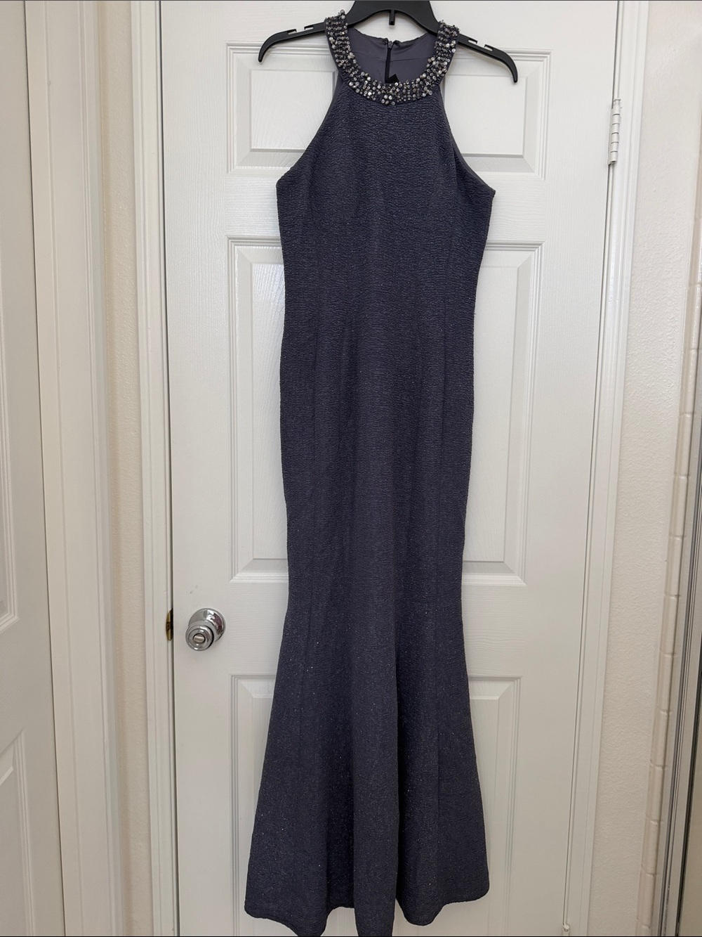Beaded Halter Evening Dress in Deep Navy